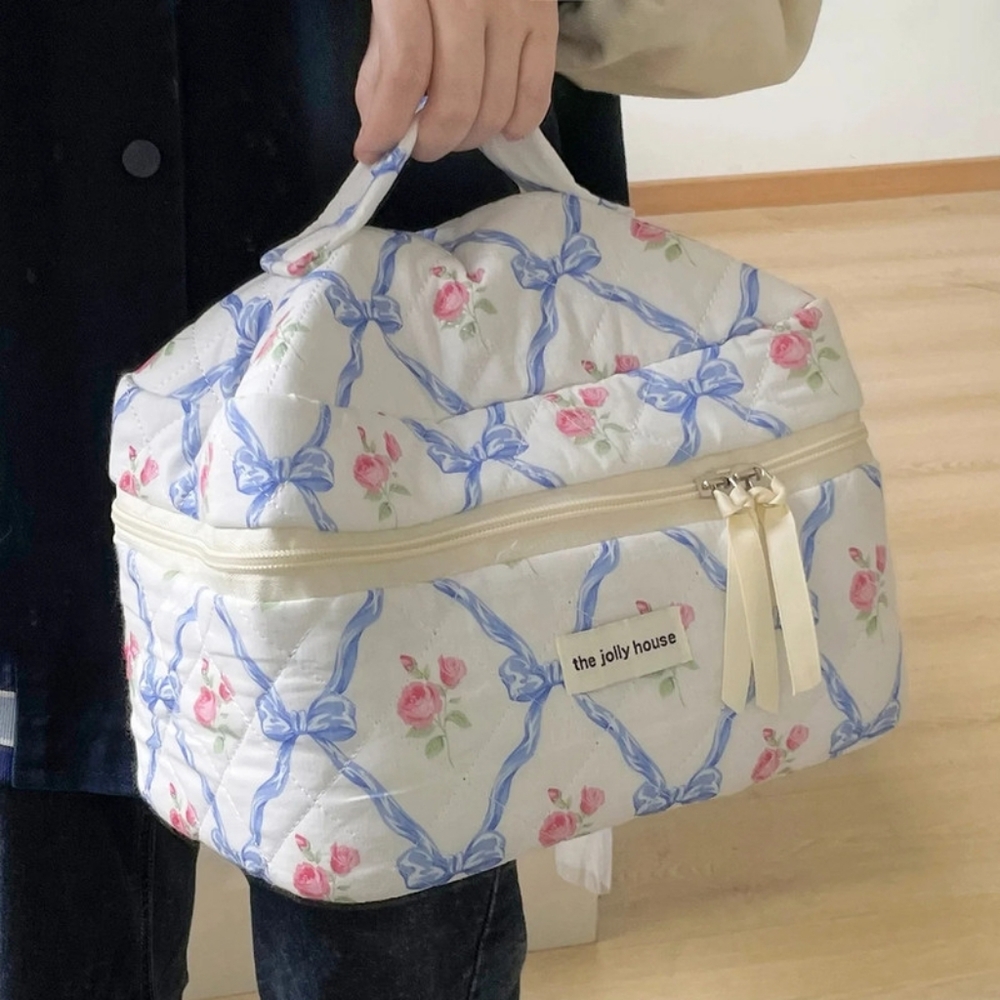 Cute Bow Flower Zipper Quilting Cotton Makeup Bag- 2 Piece - Picture 2 of 9